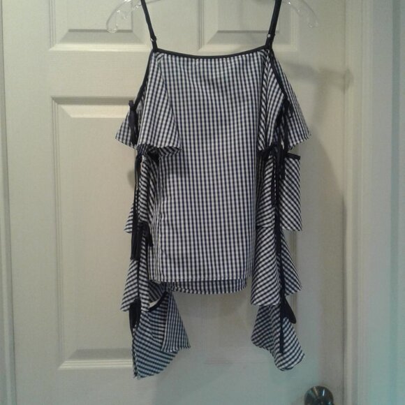 Free Generation Blue & White Gingham Print Top with Ruffle Tie Sleeves - Picture 5 of 8